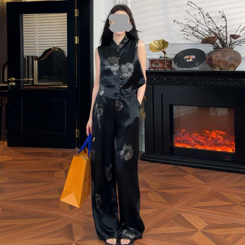 新中式高级感休闲套装女2025年夏季新款无袖立领上衣阔腿裤两件套