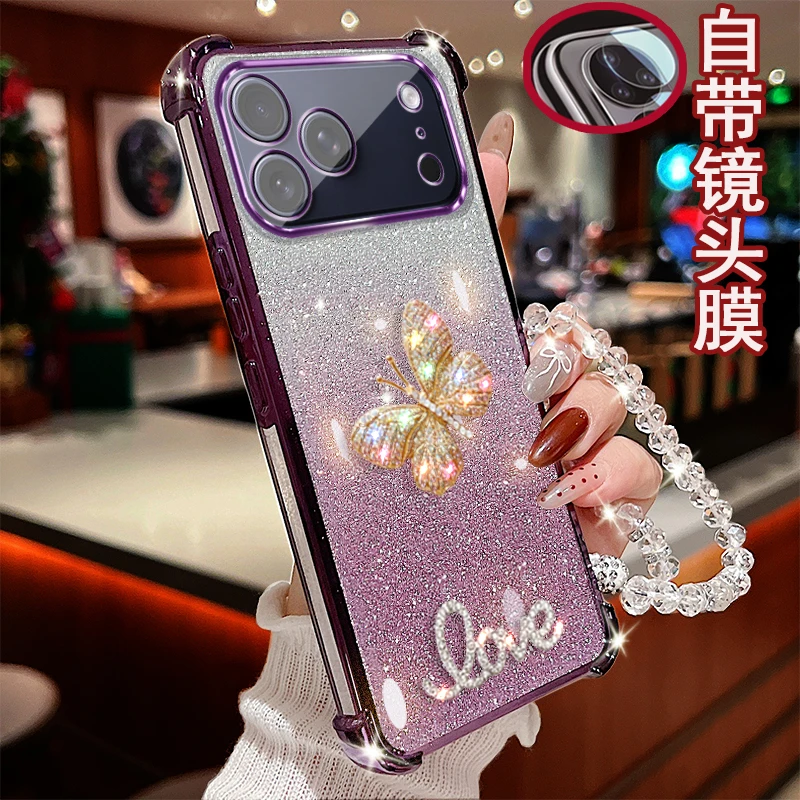 适用苹果17pro手机壳镶钻彩蝶四角气囊防摔套镜头全包边网红女款