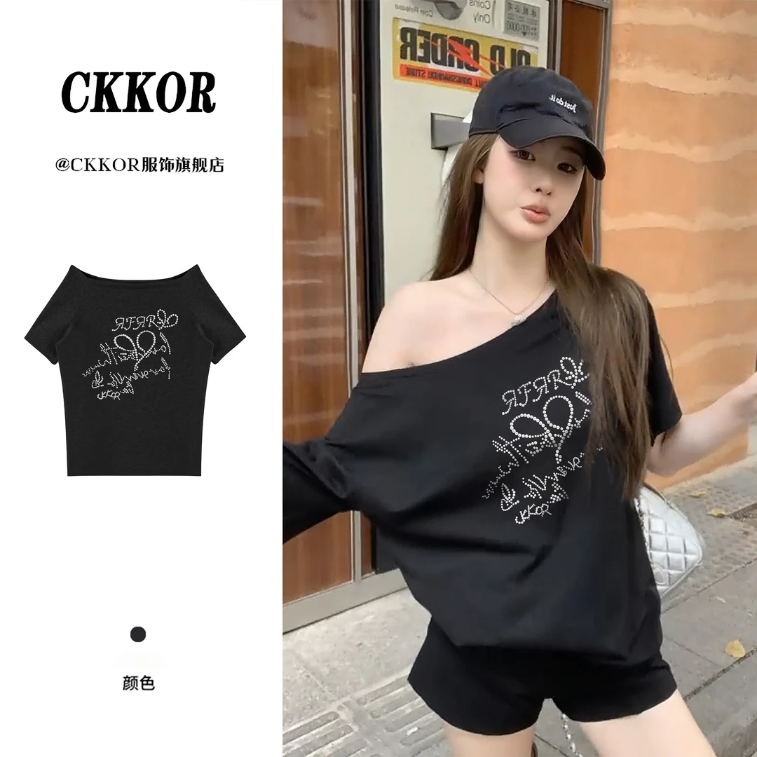 CKKOR夏季新款美式复古斜肩上衣短袖t恤女潮流设计感印花宽松时尚