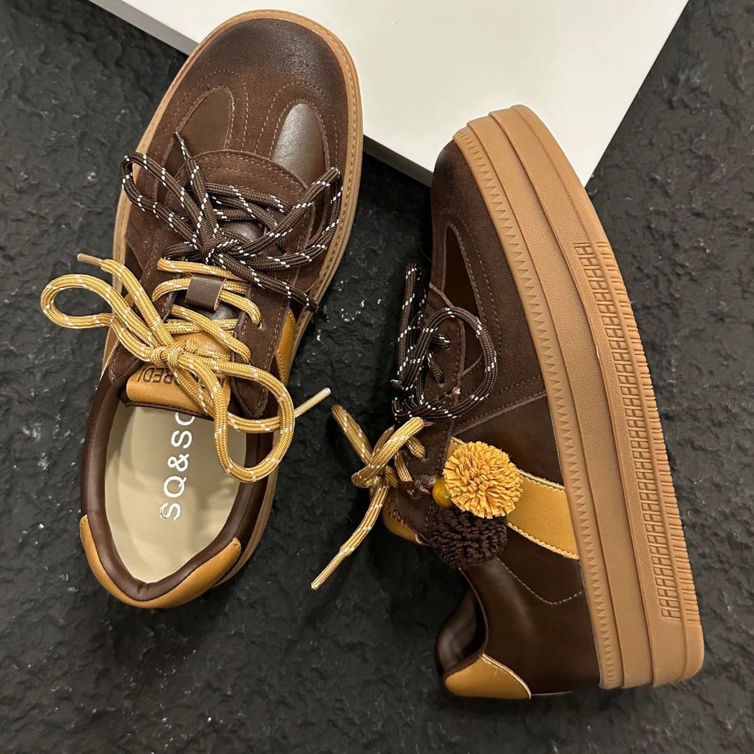 复古拼色圆头系带厚底德训板鞋女休闲