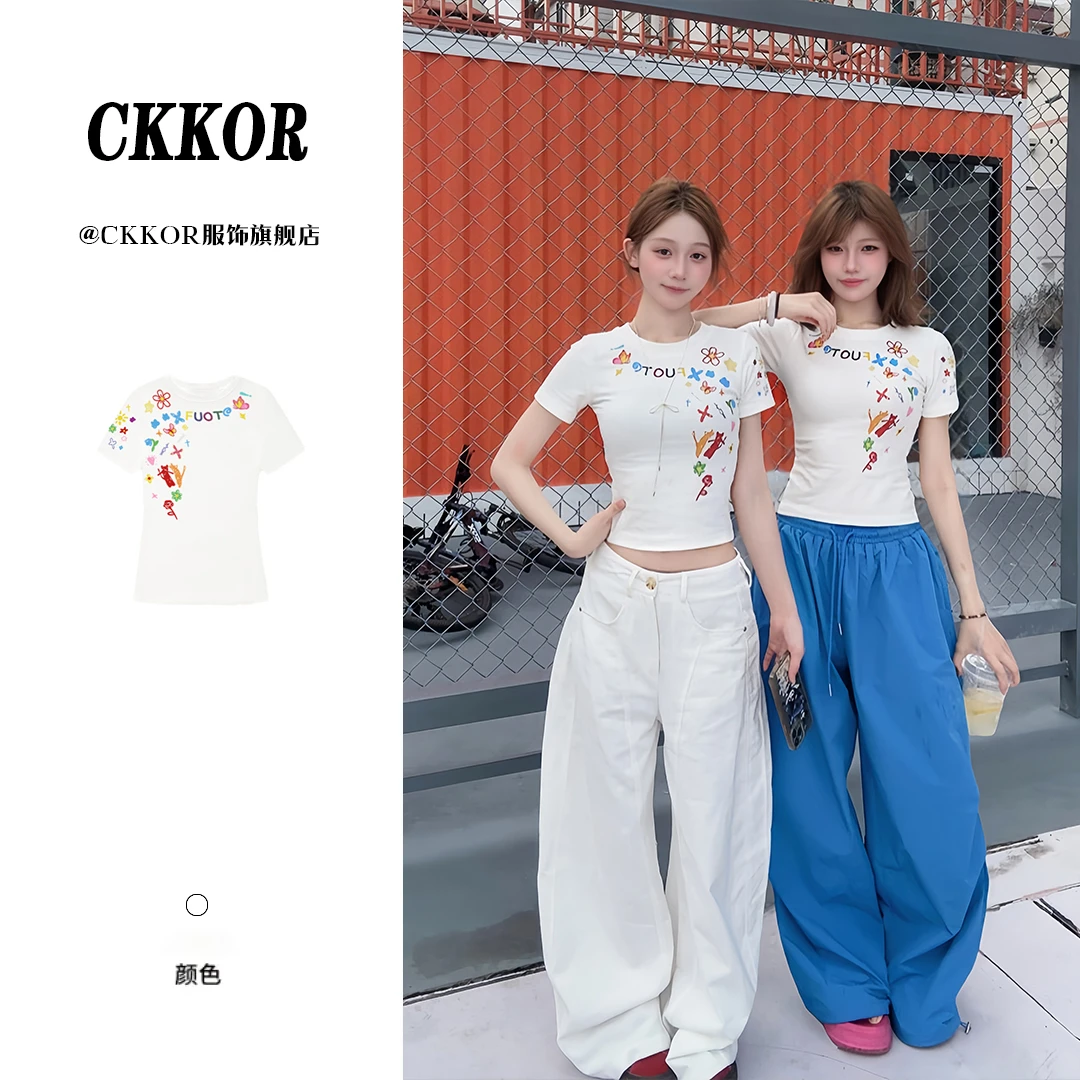 CKKOR夏季新款修身圆领短袖t恤女韩版ins潮流时尚甜酷风短款上衣