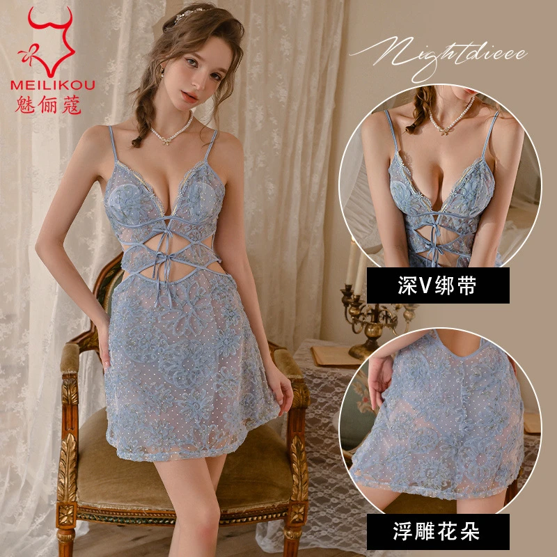 新款纯欲风小胸短裙浮雕花镂空蕾丝网纱吊带睡衣套装