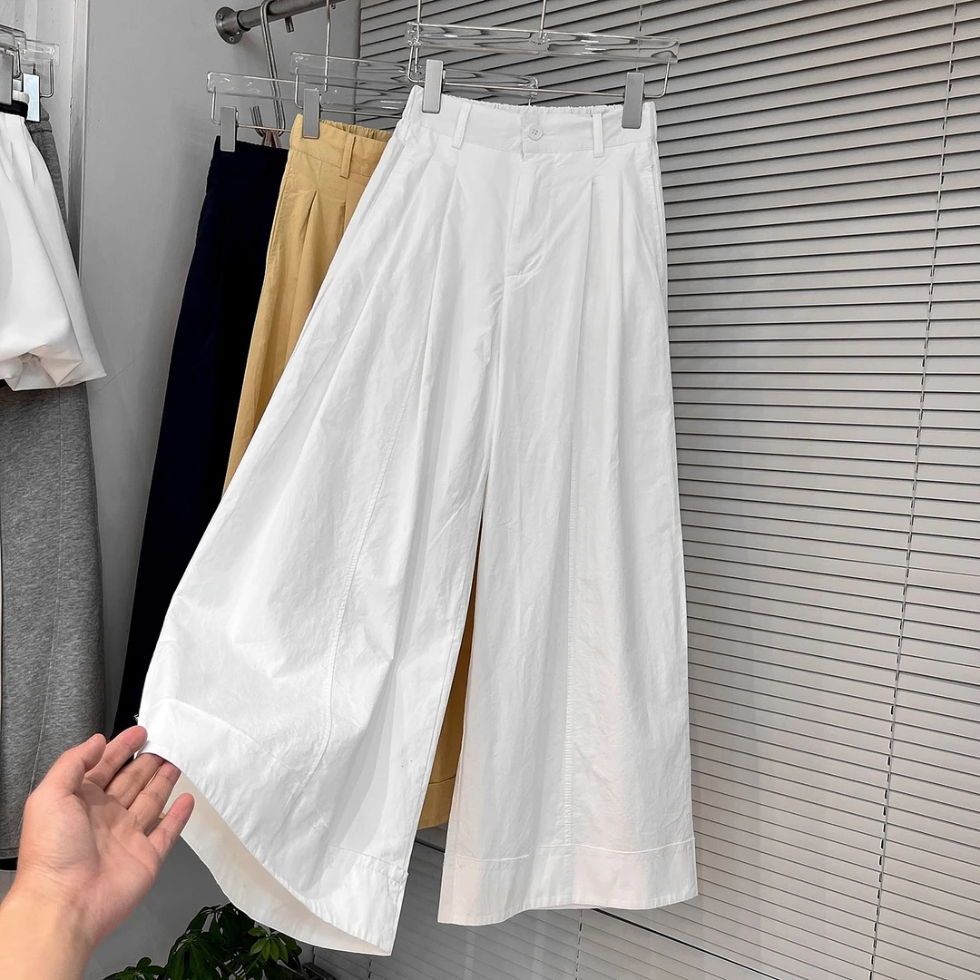 法式松紧腰褶皱白色休闲裤女2025夏季款阔腿裤显瘦宽松百搭九分裤