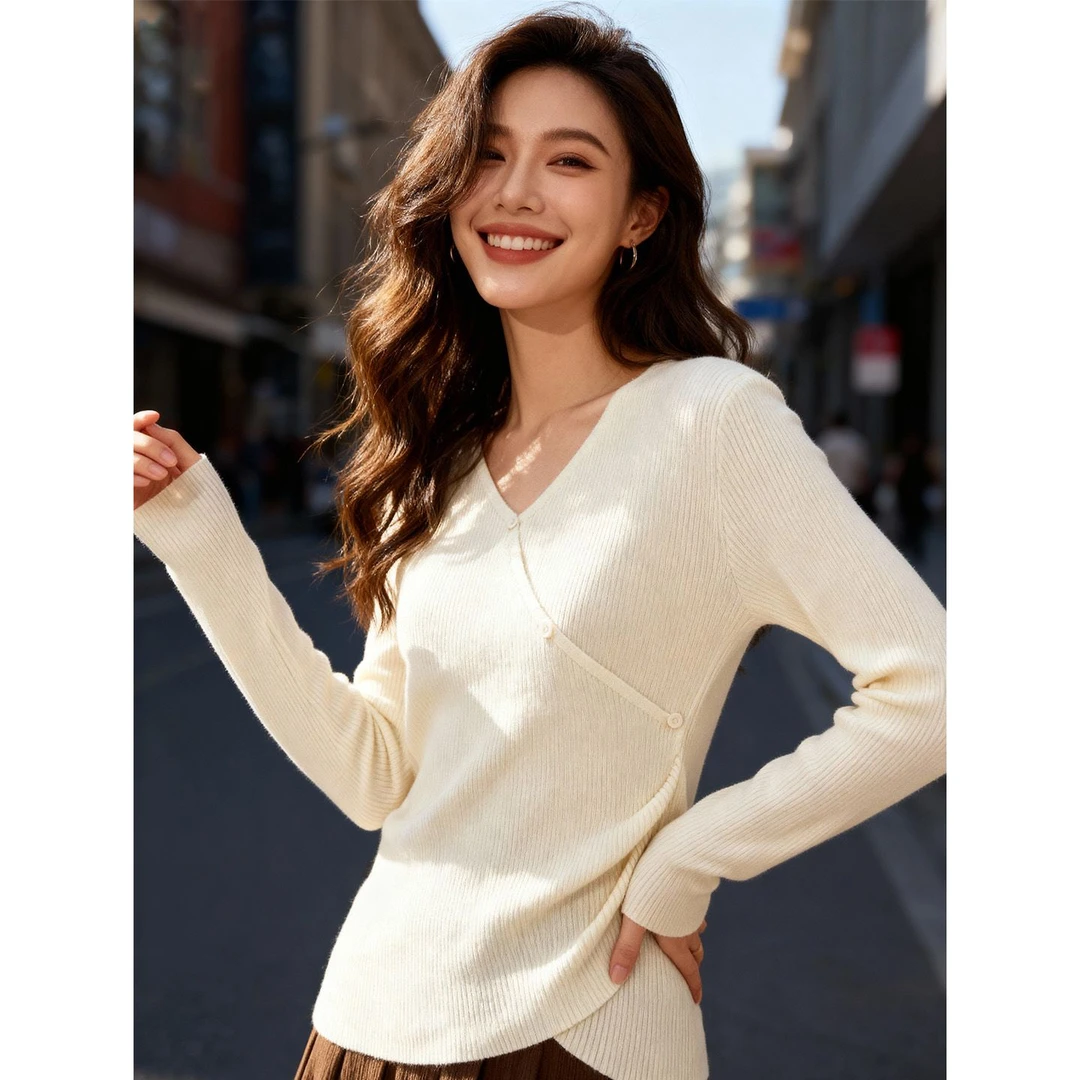 SM潮流时尚不规则V领修身显瘦长袖针织衫秋季新款内搭打底上衣女