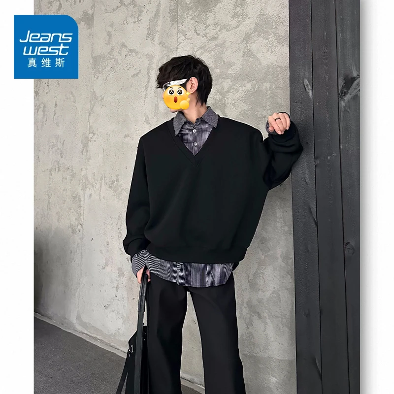 真维斯2025新款假两件长袖卫衣男士重磅华棉宽松休闲翻领条纹上衣