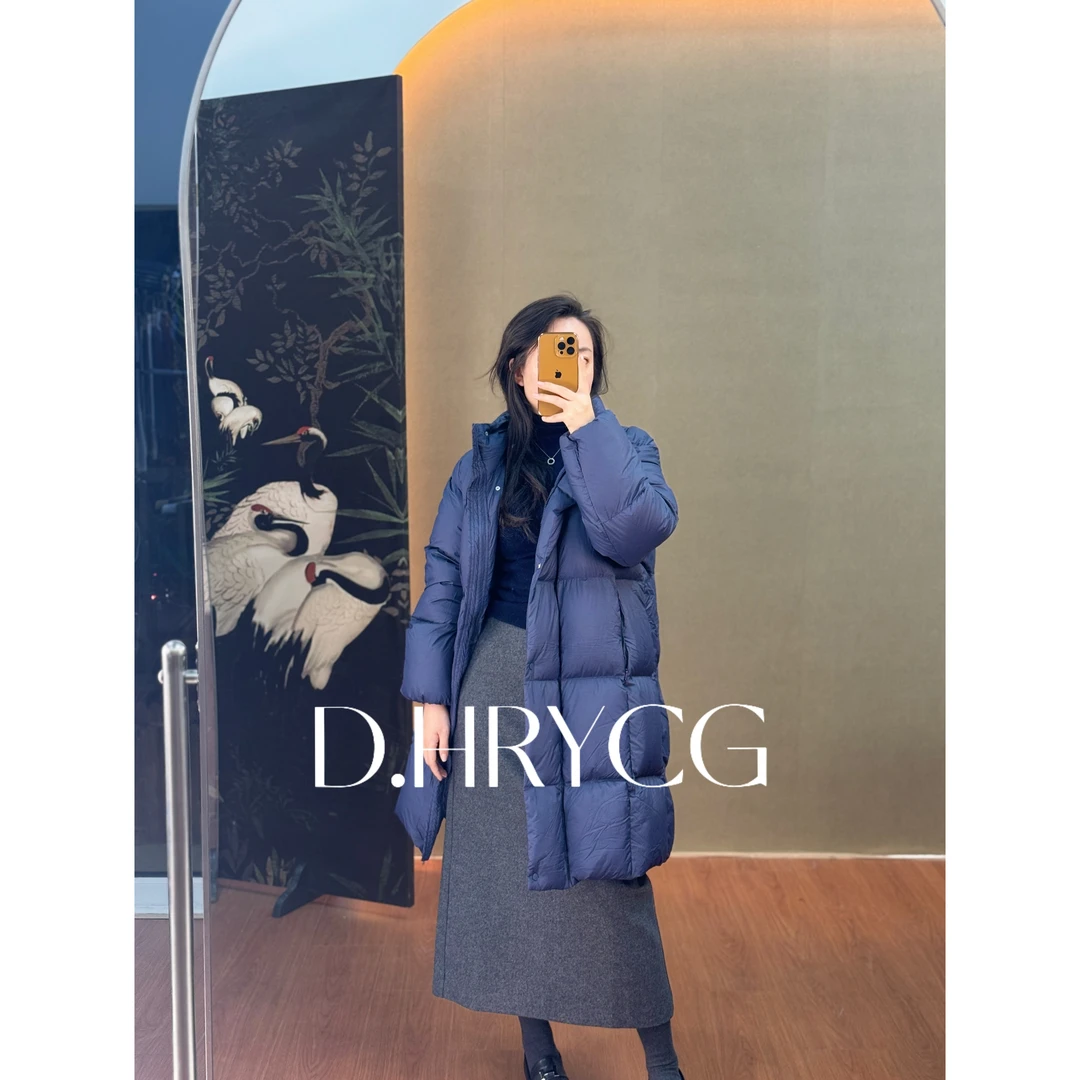 段段服装｜藏蓝色中长款白鸭绒羽绒服