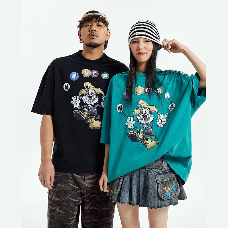 NMAX大码潮牌男装25年夏季趣味撞色印花T恤复古做旧短袖FNT013