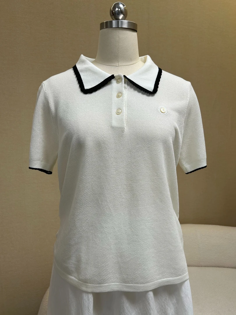 翻领短袖拼色夏季春夏轻职风毛针织衫白色轻奢通勤休闲百搭经典