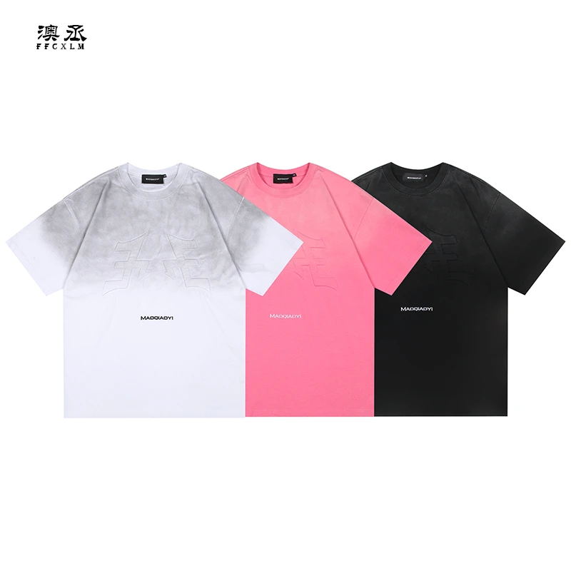 夏季潮牌复古做旧渐变短袖男女同款T恤宽松百搭半袖上衣