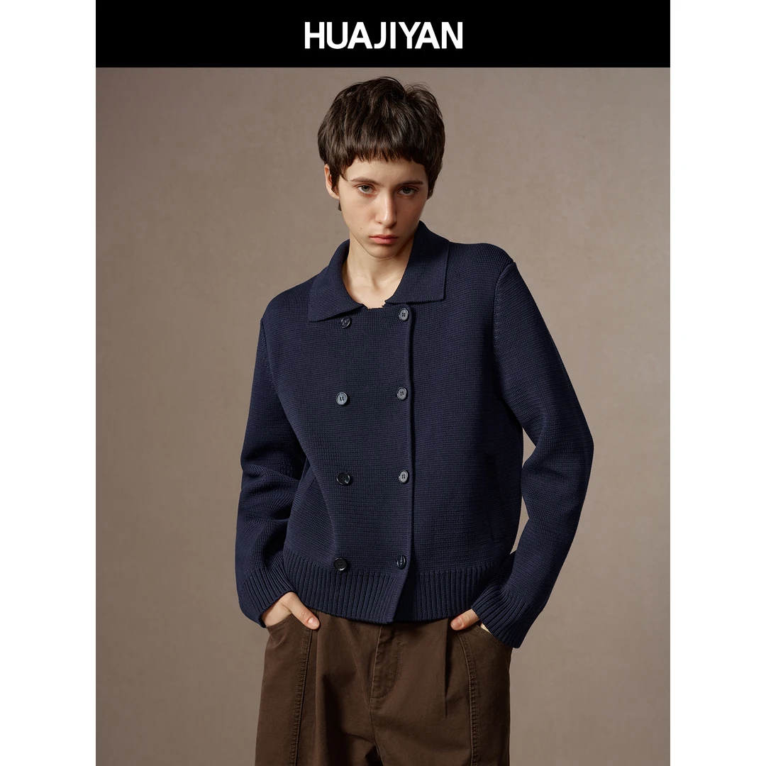 华吉言/HUAJIYAN【情书毛衣】100丝光棉针织双排扣短款毛织开衫外套