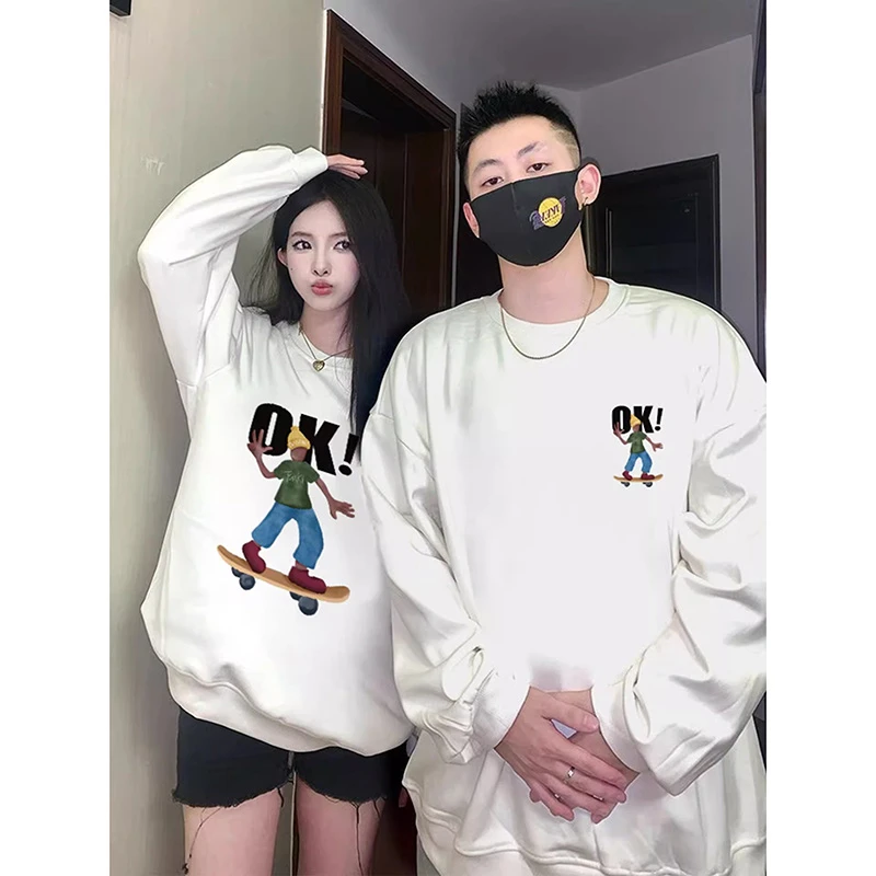 胖mm300斤秋冬加绒圆领黑白欧美印花女大码宽松不一样情侣装卫衣