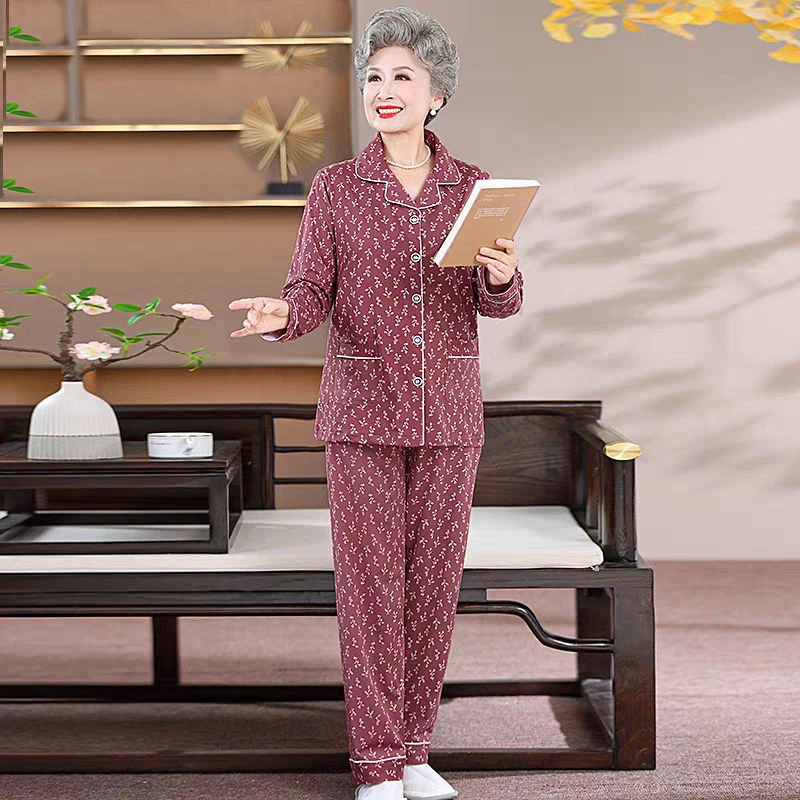 老年人睡衣女士60-80岁2025年新款中老年女士开衫长袖长裤家居服