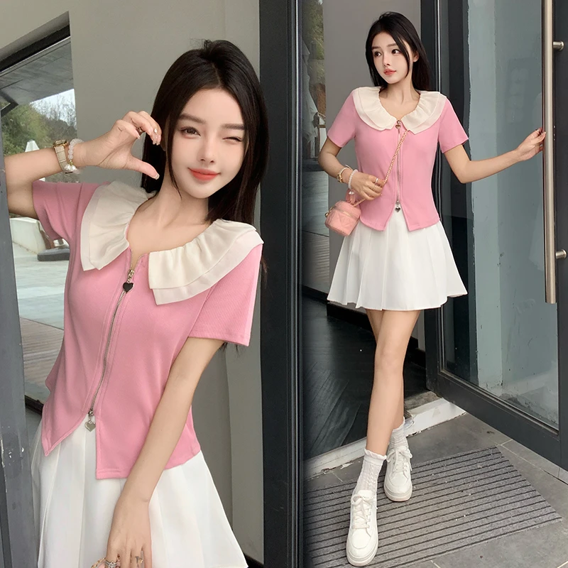 拼接减龄小衫T恤宽松型洋气显瘦娃娃领修身短袖气质法式短款2025