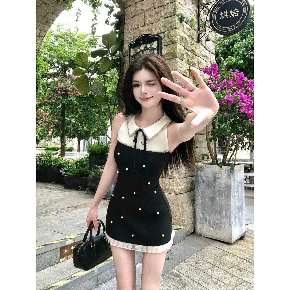 夏季新款设计感收腰黑色无袖连衣裙女
