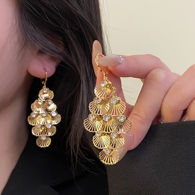 铜合金耳饰 金色满钻流苏镂空贝壳耳环女轻奢高级感耳扣1931
