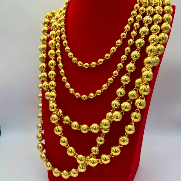 链子足银 金银卡8-卡12圆珠光珠佛珠项链男士时尚光面霸气