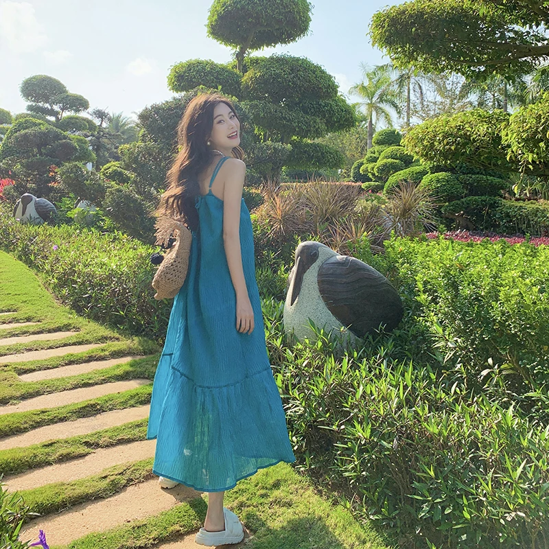 PS现货！湖水蓝显白吊带长裙气质大摆度假连衣裙沙滩裙