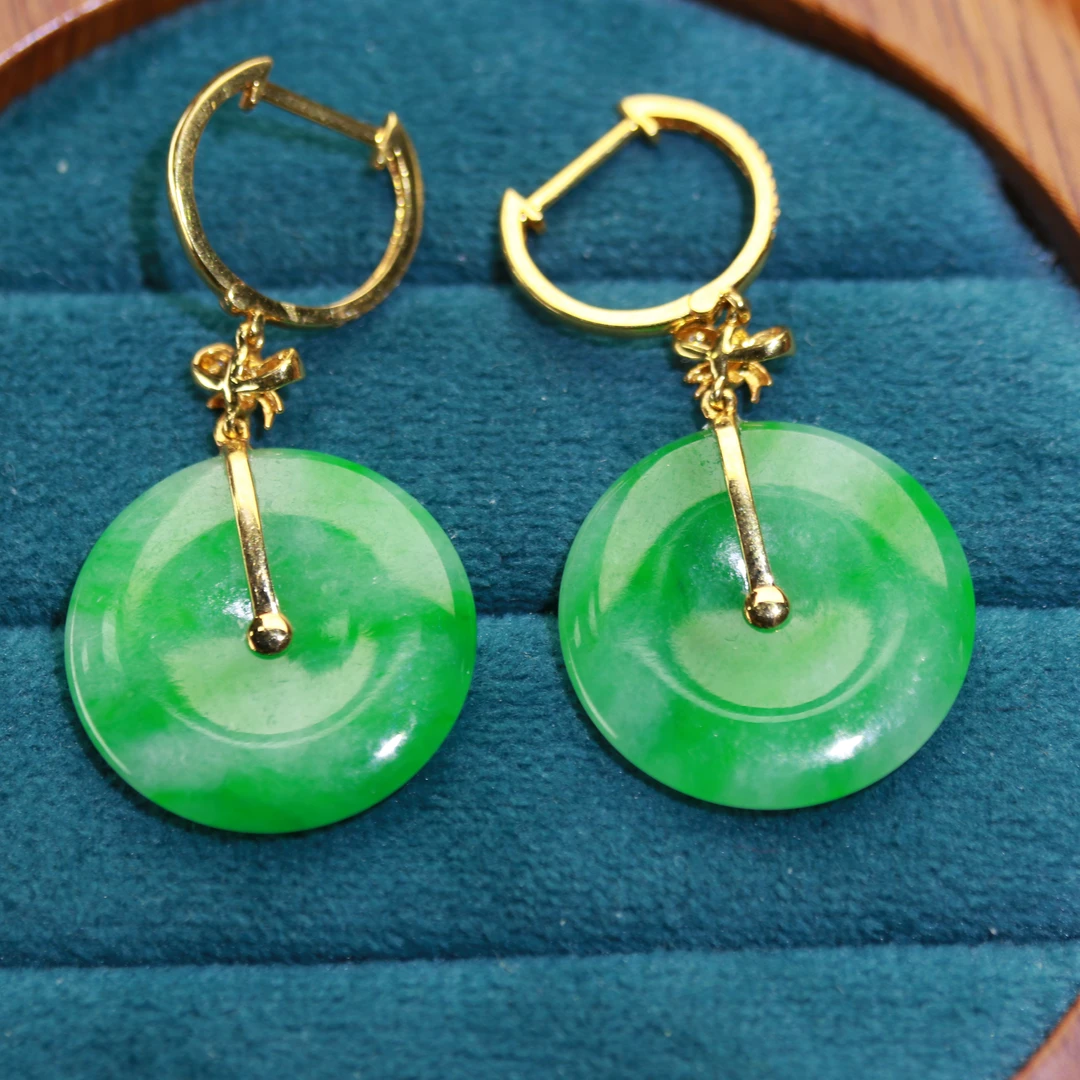 22天然缅甸翡翠A货18k金平安扣耳环/400080/上海嘉禾拍卖