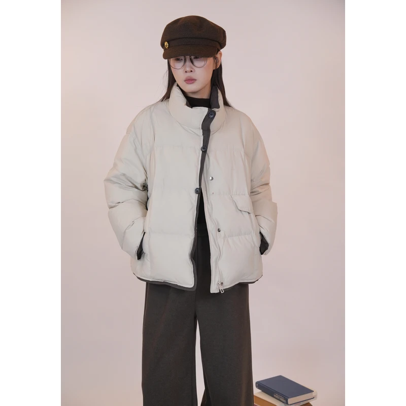 百武西“踏雪系列”文艺简约撞色加厚保暖立领羽绒服9152