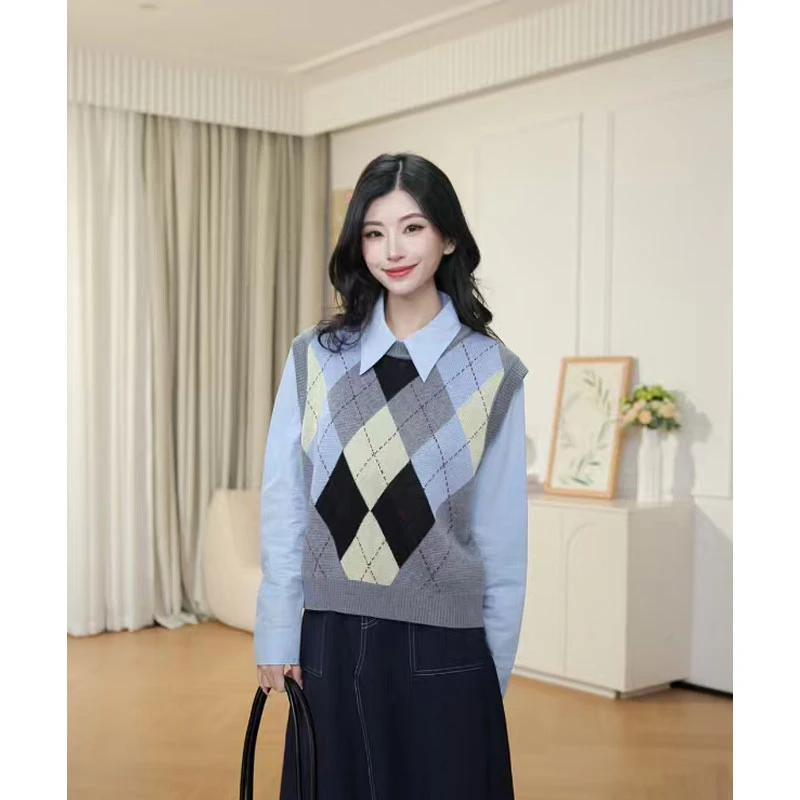 【新东方专属】初语提花百搭菱格复古厚款宽松马甲毛织8533090