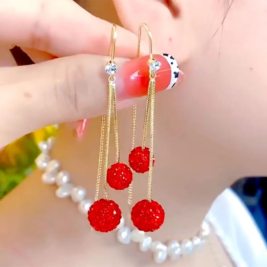 高档耳环中国红色球球耳线新款气质简约显脸流苏长款耳坠网红耳饰