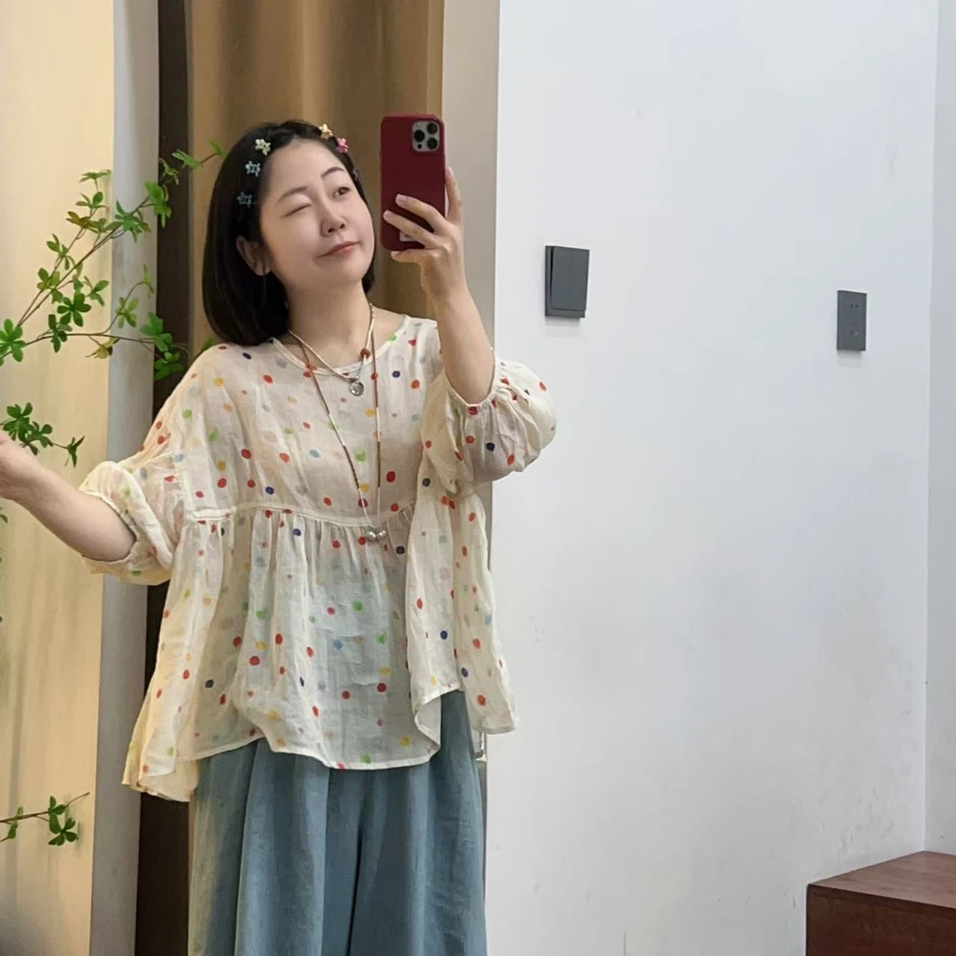 别出新裁9927彩点圆领娃娃麻衫      衣前长56后长62