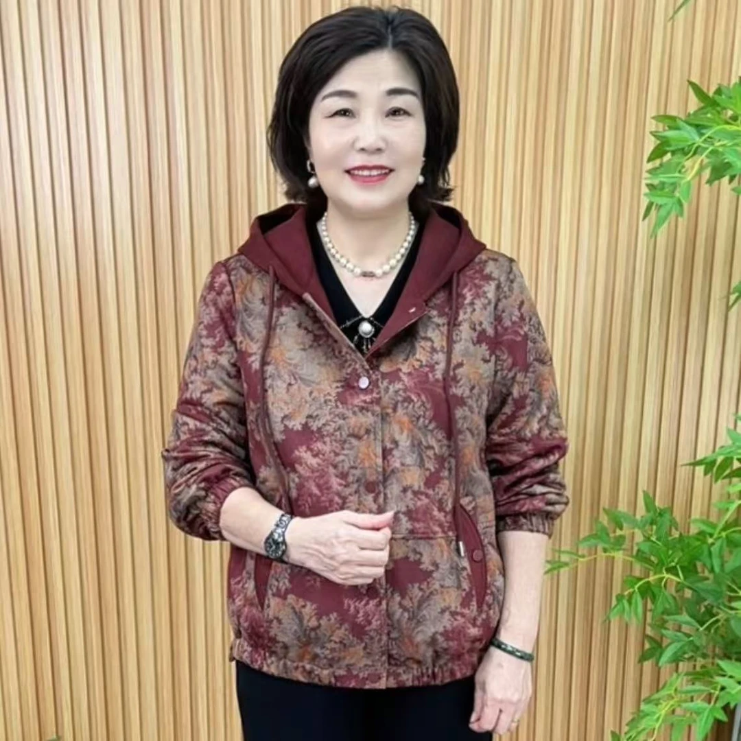 长袖短款时尚植物花卉中老年女装加绒网红女士连帽卫衣V0962