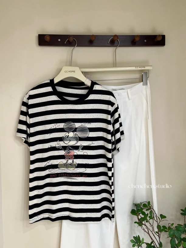 【条纹短袖宽松圆领卡通】印花T恤时尚休闲韩版针织黑白女士打底