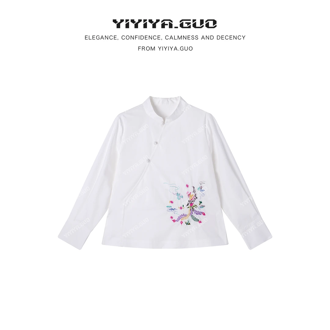 yiyiya.Guo艺艺吖【七彩凤】百搭立领斜襟刺绣长袖衬衫090052SS52