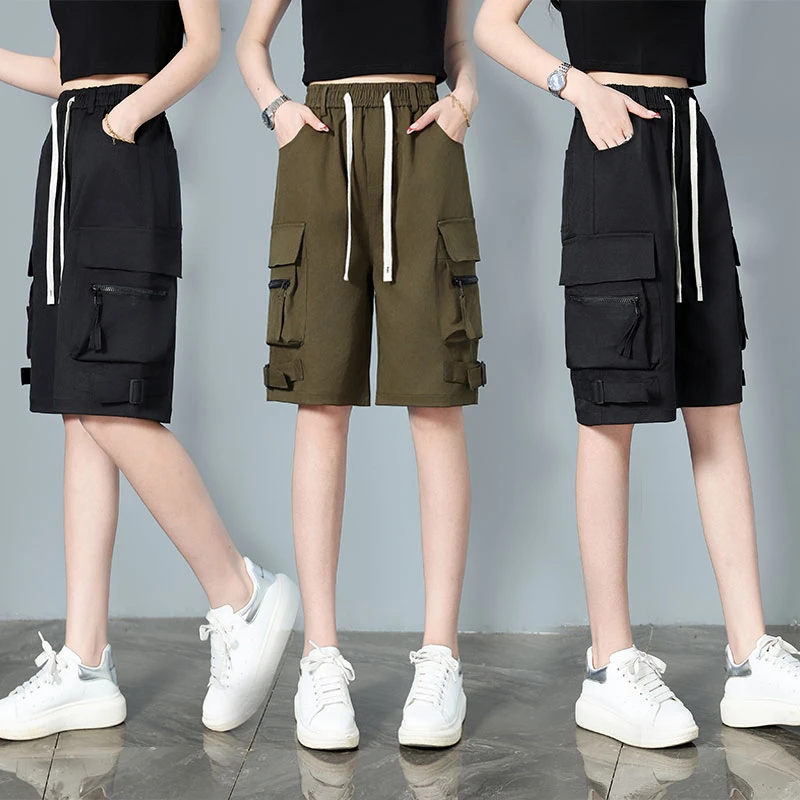 夏季薄款工装裤男女同款纯色大码五分裤直筒高腰百搭多口袋中裤潮