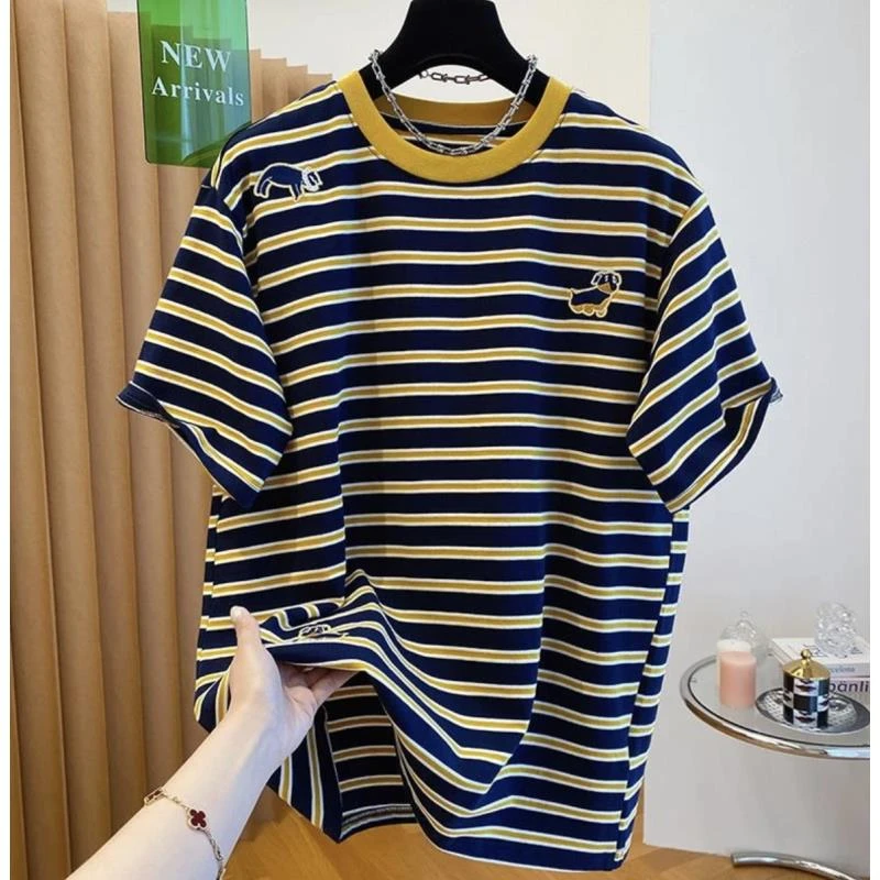 韩系时尚潮流气质圆领百搭宽松舒适小众卡通小狗刺绣T恤 390