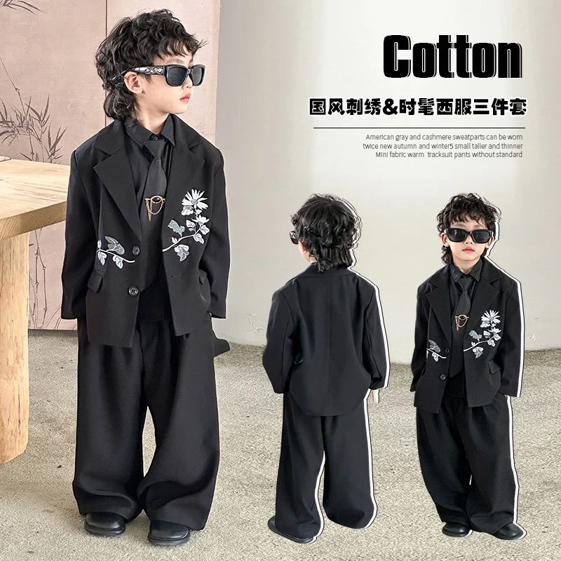 新中式男童西装套装新款儿童休闲西服男孩模特走秀演出服花童
