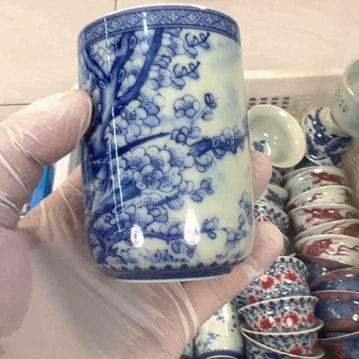 瓷片白青花喜上眉梢直筒杯可乐全品