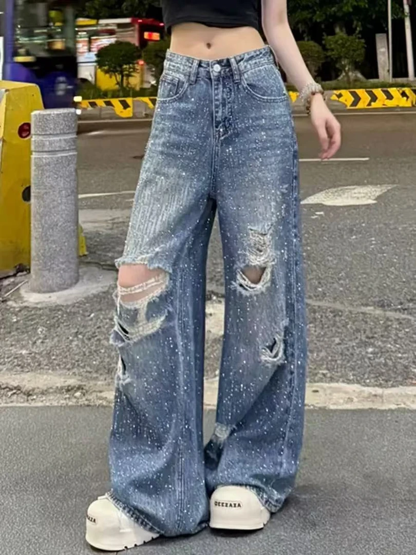 HEINA 烫钻爆炸闪水洗破洞阔腿裤3611