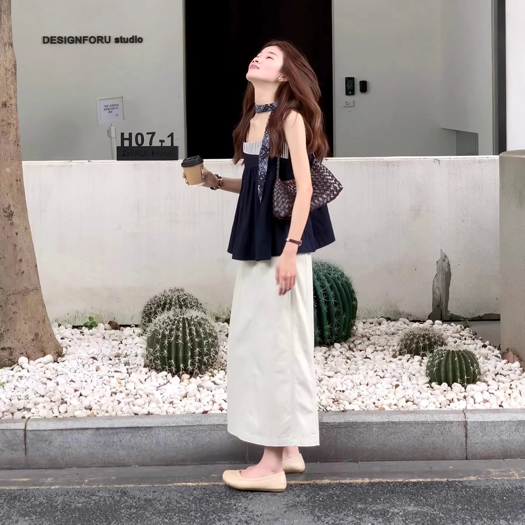 法式撞色条纹拼接无袖吊带背心女夏季新款简约百搭半身裙两件套装