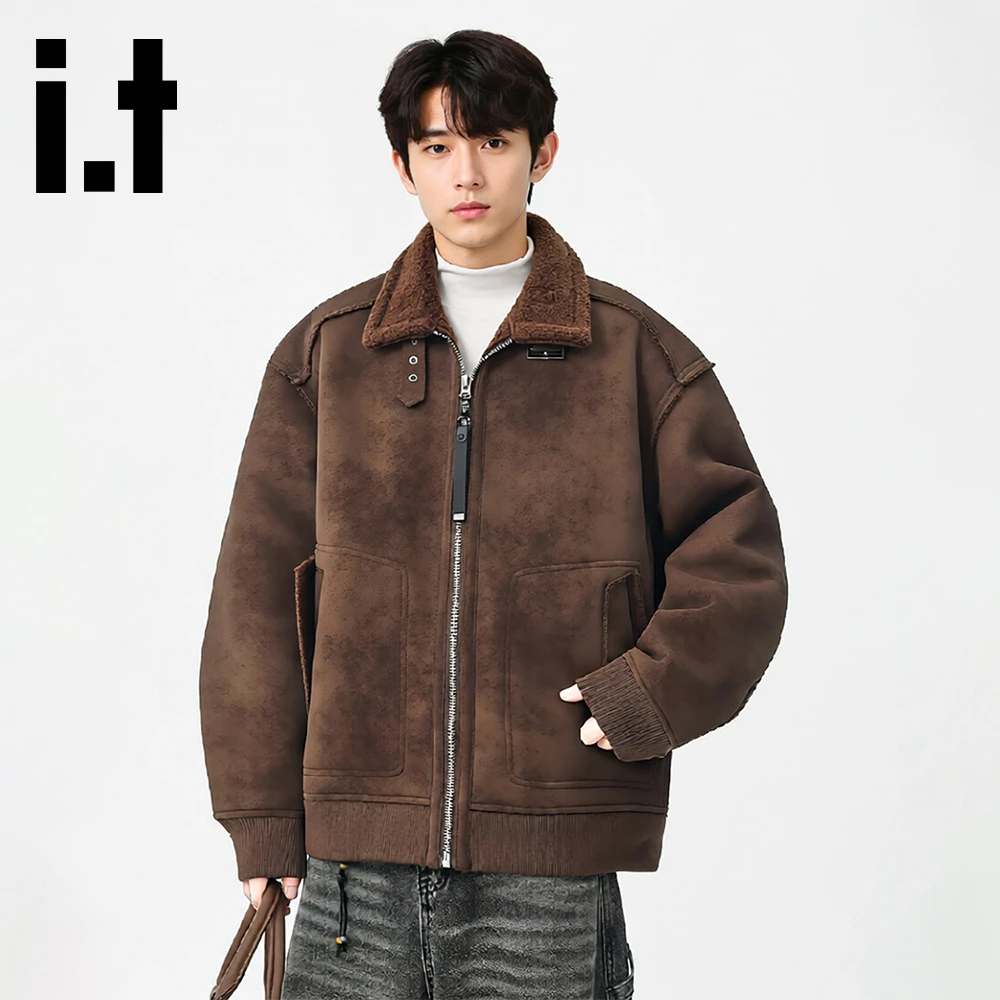 it:CHOCOOLATE美式复古翻领皮毛一体夹克外套男2025冬季加绒上衣