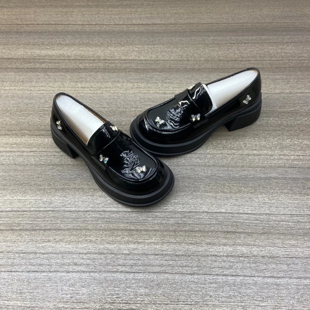 风粗跟5.5CM单鞋女2024年春季新款蝴蝶结浅口乐福鞋厚底63888-15