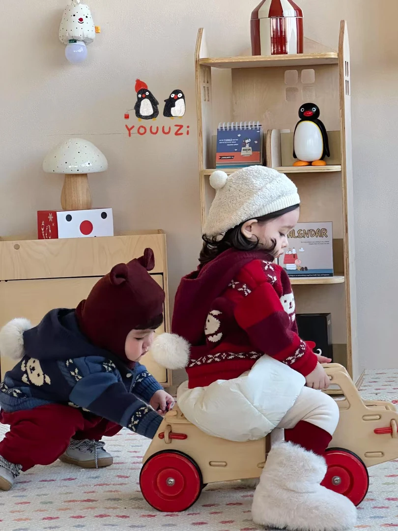 2025右子新年年服儿童女童婴儿针织红色连帽秋冬套头款厚加绒
