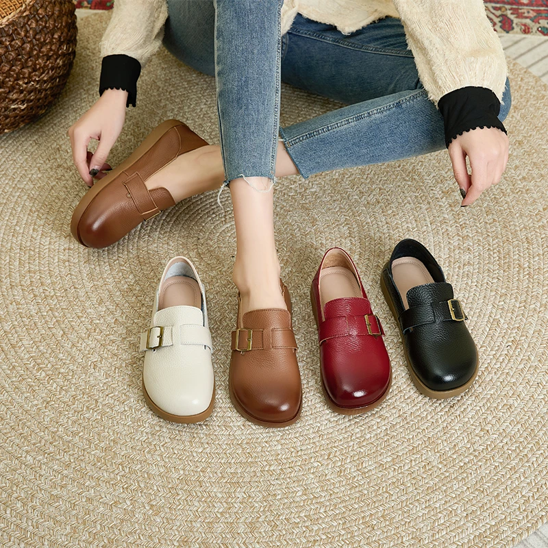 [A]简约时尚真皮单鞋女2025春新款平底扣带百搭小皮鞋低跟妈妈鞋