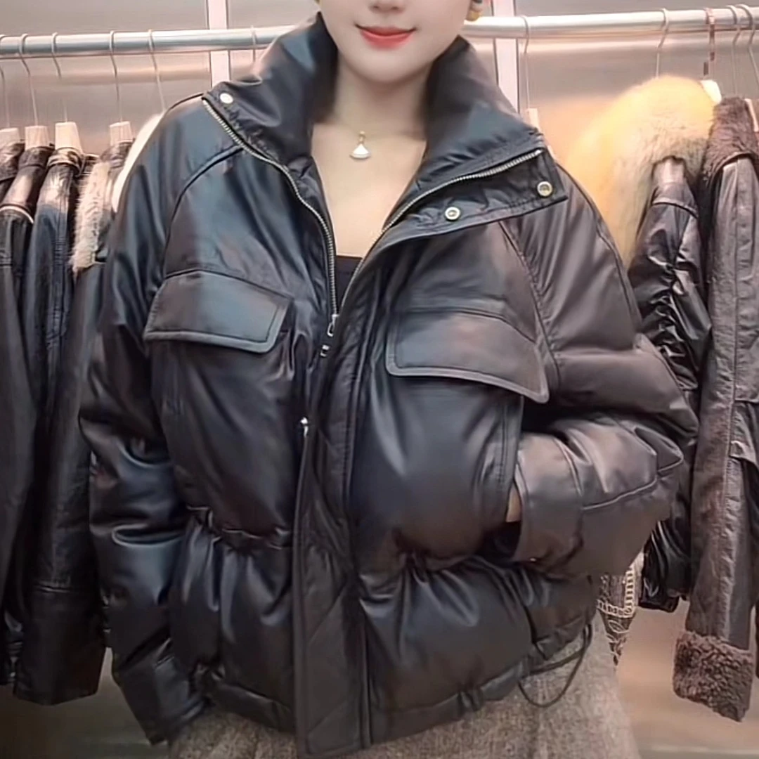 真皮皮衣女短款鹅绒服黑色机车风抽绳腰带夹克酷飒羽绒服宽松外套