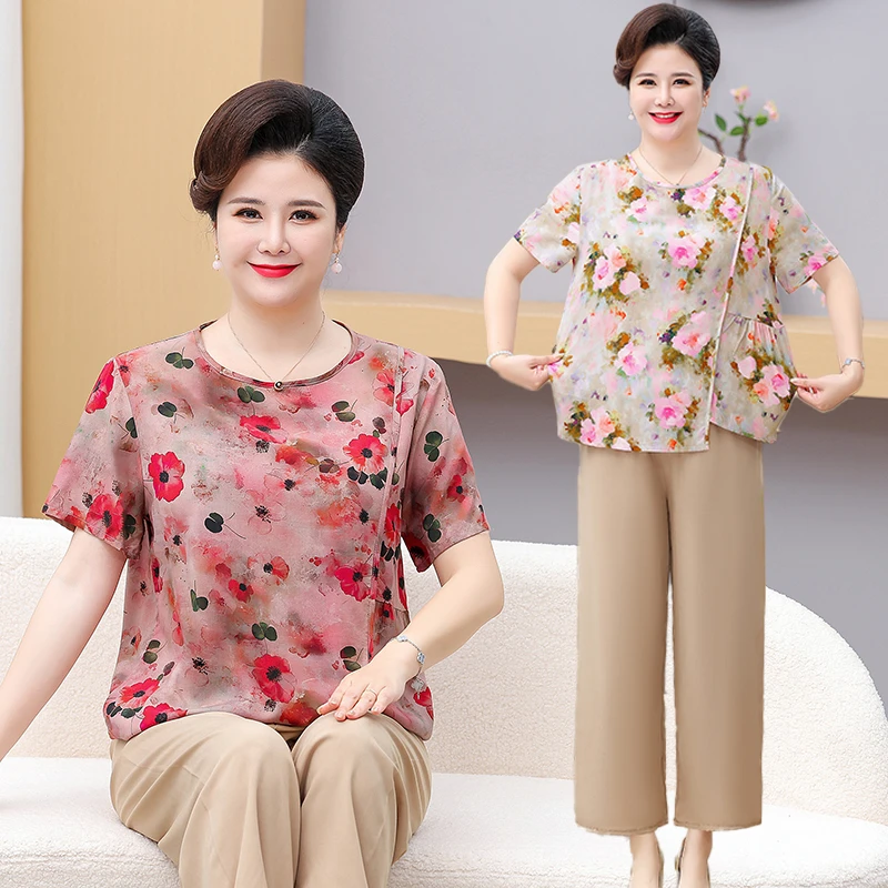 妈妈棉绸上衣夏季印花短袖T恤薄中老年女装宽松大码遮肉显瘦小衫