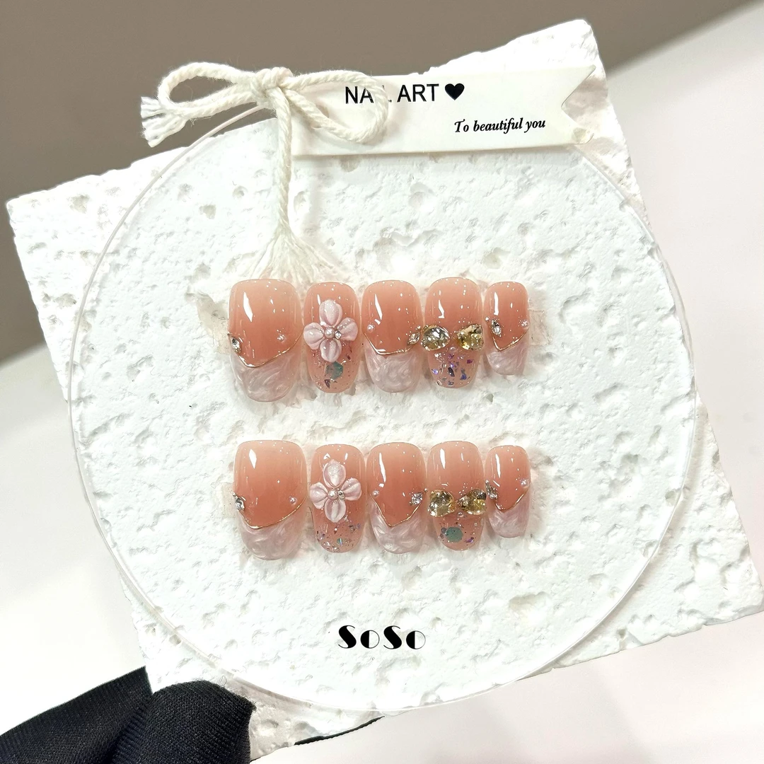 Nice SoSo【花瓣月影】纯手工穿戴甲纯欲手绘螺纹法式碎钻珍珠小众