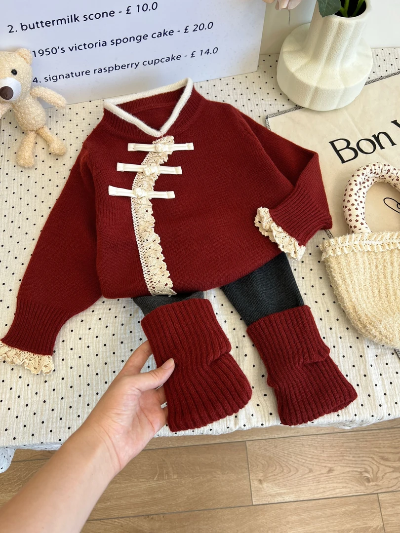 女童冬季2025冬款新款套装儿童针织上衣童装红色新年拜年服