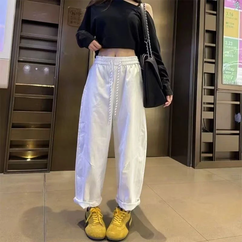 新款松紧腰直筒休闲裤女纯色简约洋气高腰遮肉显瘦阔腿裤