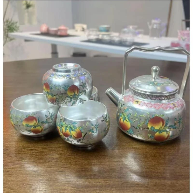 周鸿杰-桃子吉祥如意提梁+四杯2848无礼盒纯手工鎏银陶瓷精美