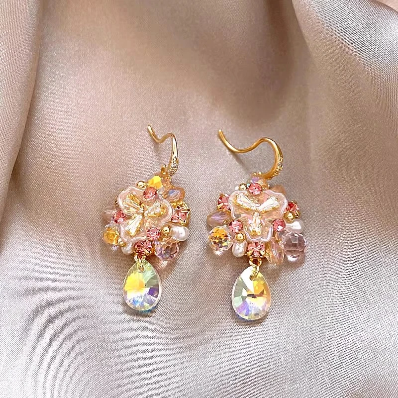 铜合金耳饰  撞色满钻花朵水滴流苏耳坠耳环女款精致绝美耳钉耳饰