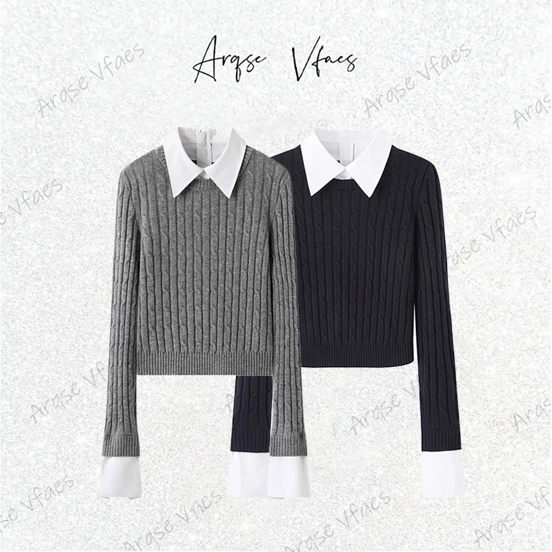 【艾家】同款2025冬季新款百搭显瘦假两件衬衫针织衫上衣女AR803015