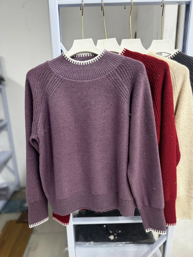 冬季圆领时尚设计亮片拼接百搭打底针织衫S119