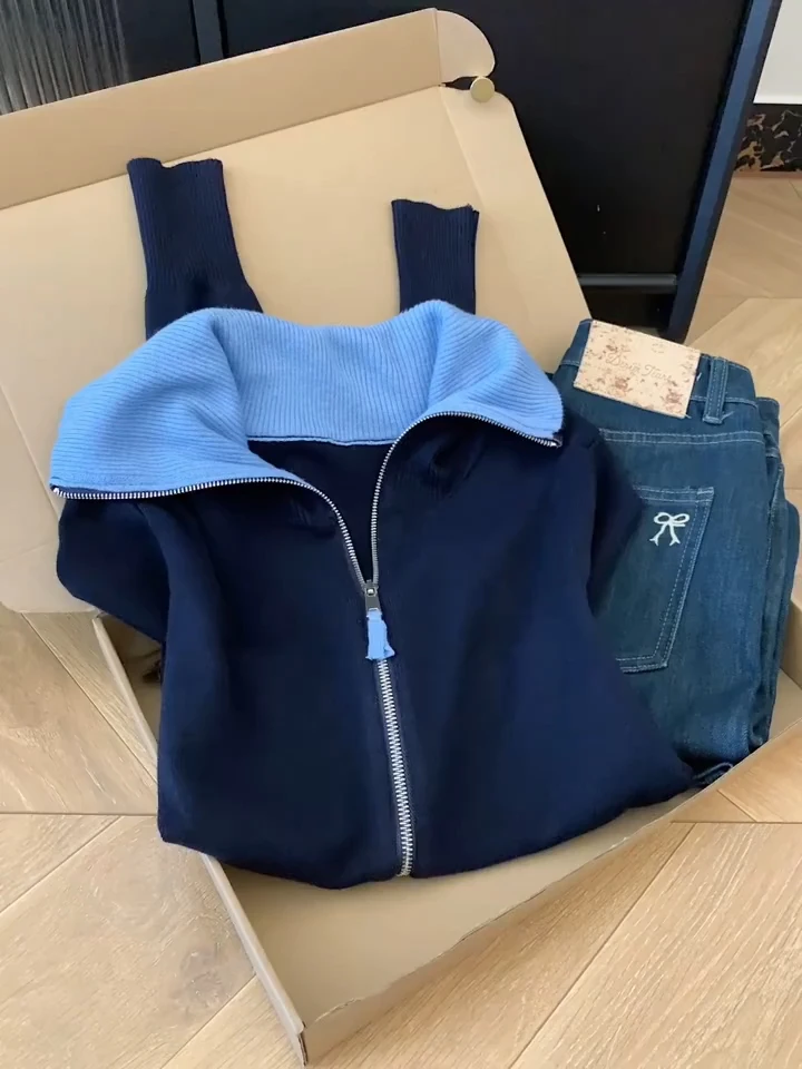 韩系复古撞色翻领针织开衫女早秋穿搭双拉链毛衣外套短款长袖上衣