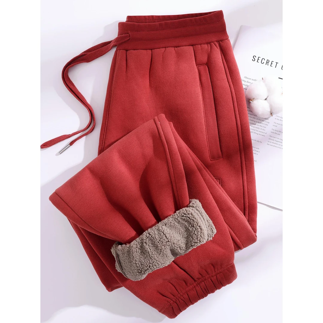 厚毛绒加绒加厚休闲卫裤女冬季2025新款砖红色外穿保暖御寒长裤子